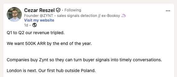 LinkedIn post announcing tripled revenue, a 500K ARR target, and London as the first hub outside Poland.